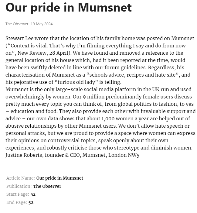 A letter in today's Observer from Justine Roberts, founder of Mumsnet, that says 'We don’t allow hate speech or personal attacks, but we are proud to provide a space where women can express their opinions on controversial topics'