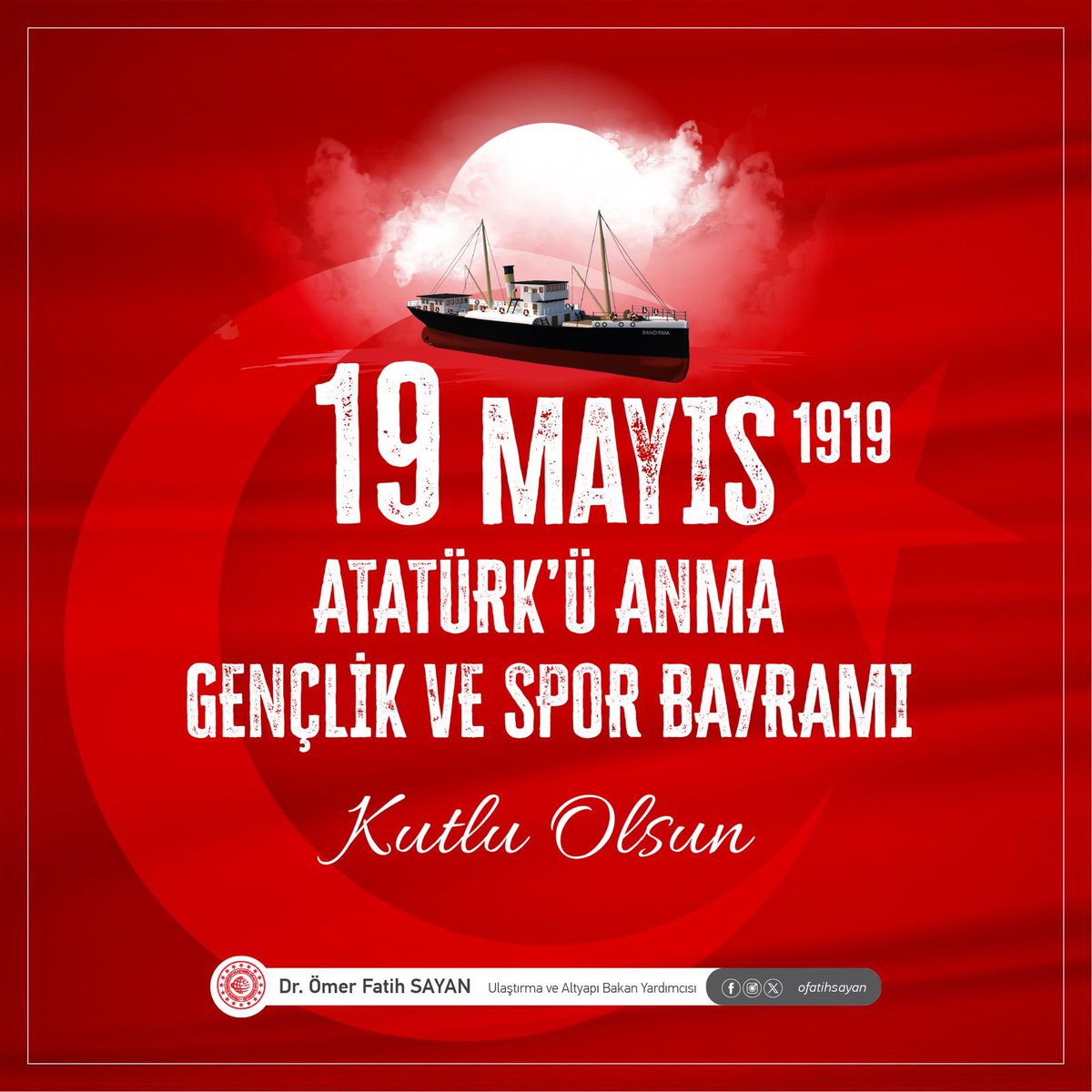 105 yıl önce Samsun'da yanan milli mücadele ateşi, bağımsızlık umutlarımızı yeşertti. Yakılan bu ateşin gençlerimize armağan edildiği #19Mayıs Atatürk’ü Anma Gençlik ve Spor Bayramımız kutlu olsun.🇹🇷 Ülkemizi daima ileriye taşıyacak istikbalimizin teminatı gençlerimize