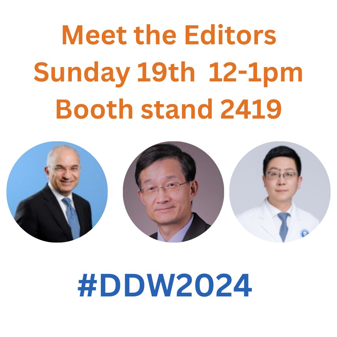 'Meet the Editors' today 12-1pm #DDW2024 Professors @emadelomar, Guoyue Lv, and Bin Gao will be at booth 2419. Drop by and ask any questions you have about publishing your Gastroenterology research! @BMJOpen_Gastro @FrontGastro_BMJ @eGastro_BMJ @BritSocGastro