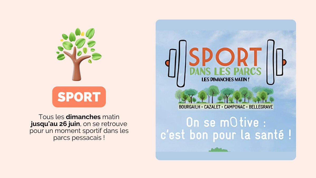 🏃‍♂️ SPORT DANS LES PARCS 🏃‍♀️ Le dimanche, c'est le RDV du sport à Pessac ! 🎽 Tous les dimanches matin du 5 mai au 26 juin puis du 1er septembre au 20 octobre, on se retrouve pour un moment sportif ! 🌳 🔗 Programme complet : bit.ly/44oAF8J