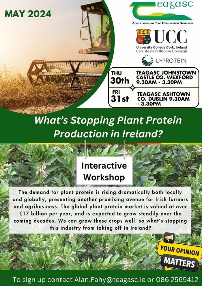 Two research workshops are being held by Teagasc, in association with the U-Protein Project (30th and 31st of May), to identify the barriers to Irish plant protein production and circularity along the full supply chain. Find out more here bit.ly/4dEhQm9