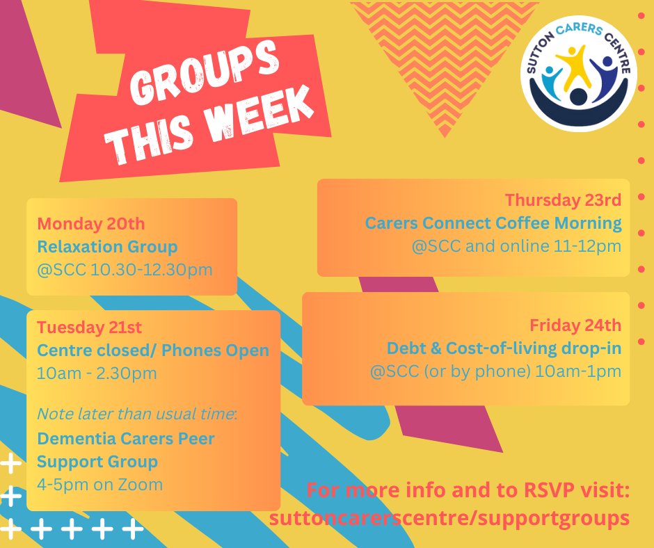 We look forward to seeing you at activities this week! Phones will be open but the Centre will be closed until 2.30pm on Tuesday for drop-ins and groups, so note a later time for our online #Dementia #unpaidCarers group.