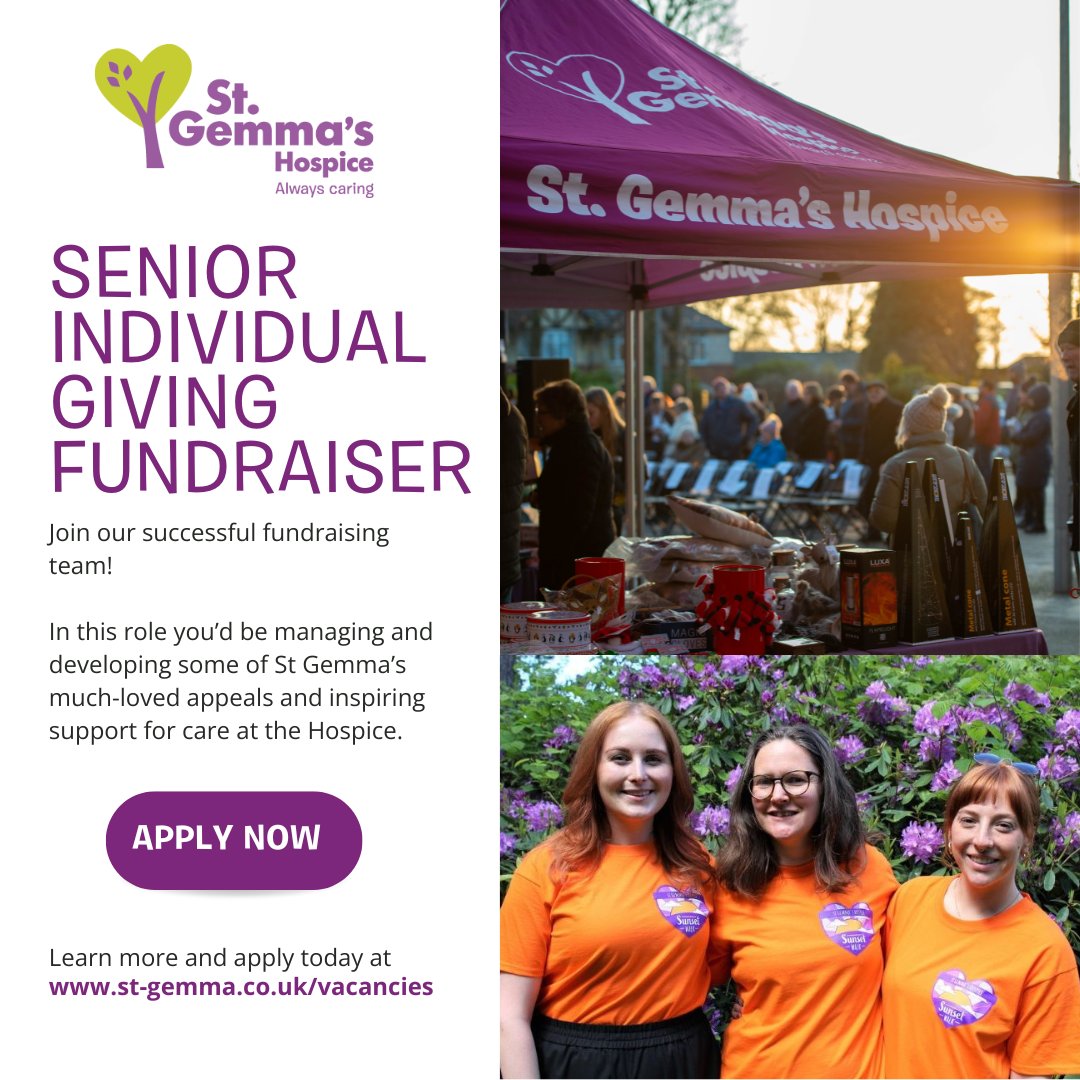 We have an exciting opportunity to join our team as Senior Individual Giving Fundraiser, managing & developing appeals & raffles, and skillfully telling the stories that inspire people to support St Gemma’s.

Visit st-gemma.current-vacancies.com/Jobs/Advert/34…
#CharityJobs #Leeds