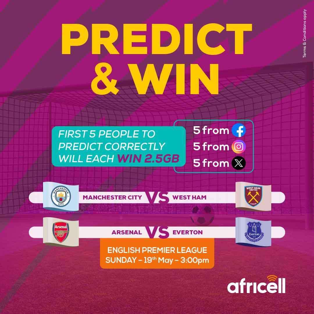 It’s the final match day of the English Premier League🏆. Who will lift the trophy❓ Predict correctly the outcome of these matches, and you could get a FREE 2.5GB Data 📲 . 5 winners each will be selected from FB, IG, and X (Twitter)💡. T&C Apply🙏🏾. #SaloneTwitter #SaloneX