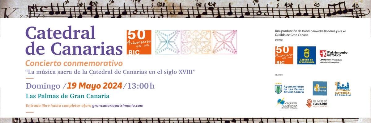 #Jornadas50BIC 🗣️Recuerda que esta tarde, a partir de las 13:00 h, tendrá lugar en la Catedral de Canarias el concierto 'La música sacra de la Catedral de Canarias en el siglo XVIII', cuyo repertorio está compuesto por partituras de música sacra en latín originales del s. XVIII.