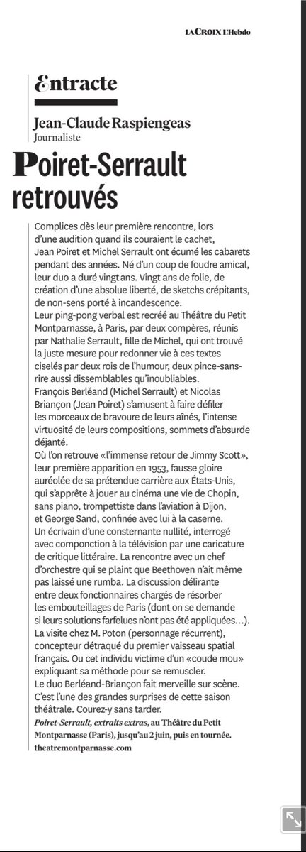 Ma chronique dans ⁦@LaCroix⁩ L’Hebdo sur le spectacle #Poiret -Serrault, instants extras par #francoisberleand et #nicolasbriancon #theatremontparnasse #paristheatre #theatre au ⁦⁦⁦@TMontparnasse⁩