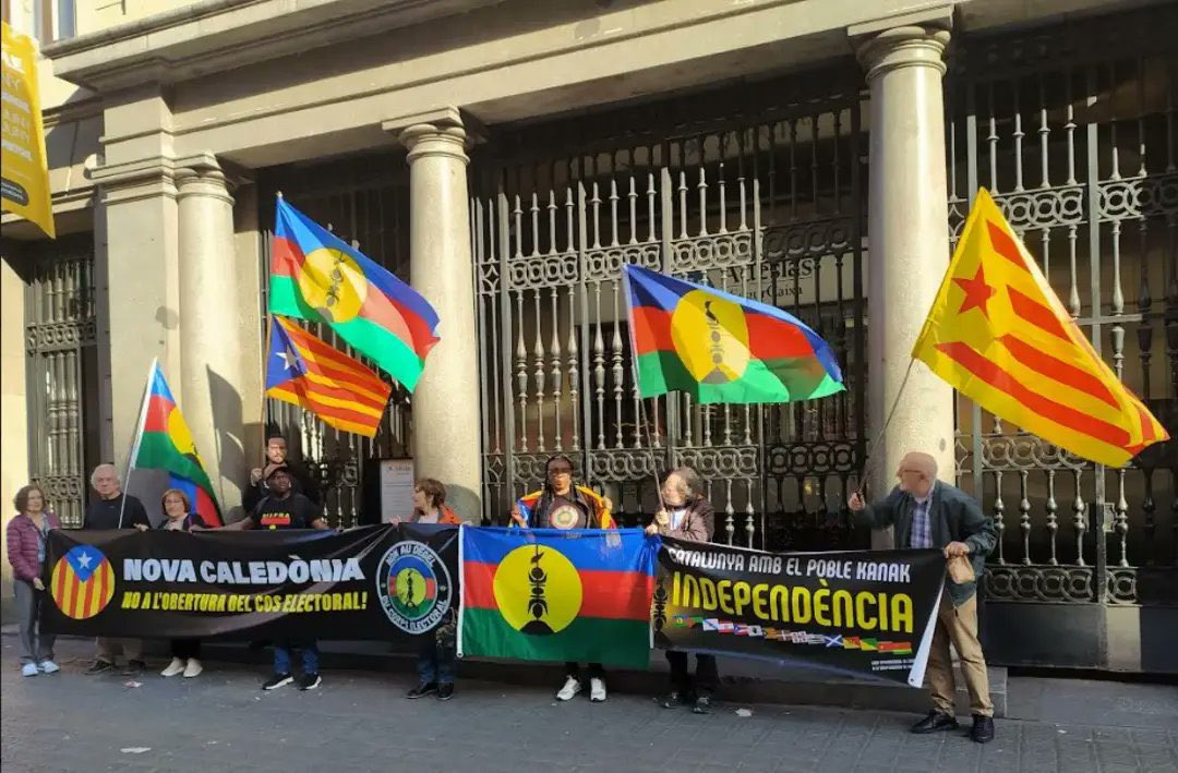 Catalan in front of the French consulate support the Kanaky's Resistance demonstrations against census election reforms by France to minorize the kanak nation in its own land