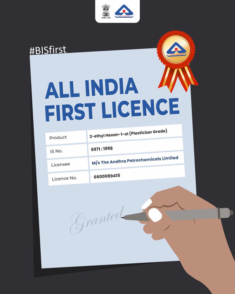 #AllIndiaFirstLicence has been granted on IS 6971: 1998 that focuses on the 2-ethyl Hexan-1-ol (Plasticizer Grade).
It is an important organic compound that is primarily used as a plasticizer.

@consumeraffairs_goi @DPIITGoI 
#BIS #FirstLicence #Licenced #India #BISFirst