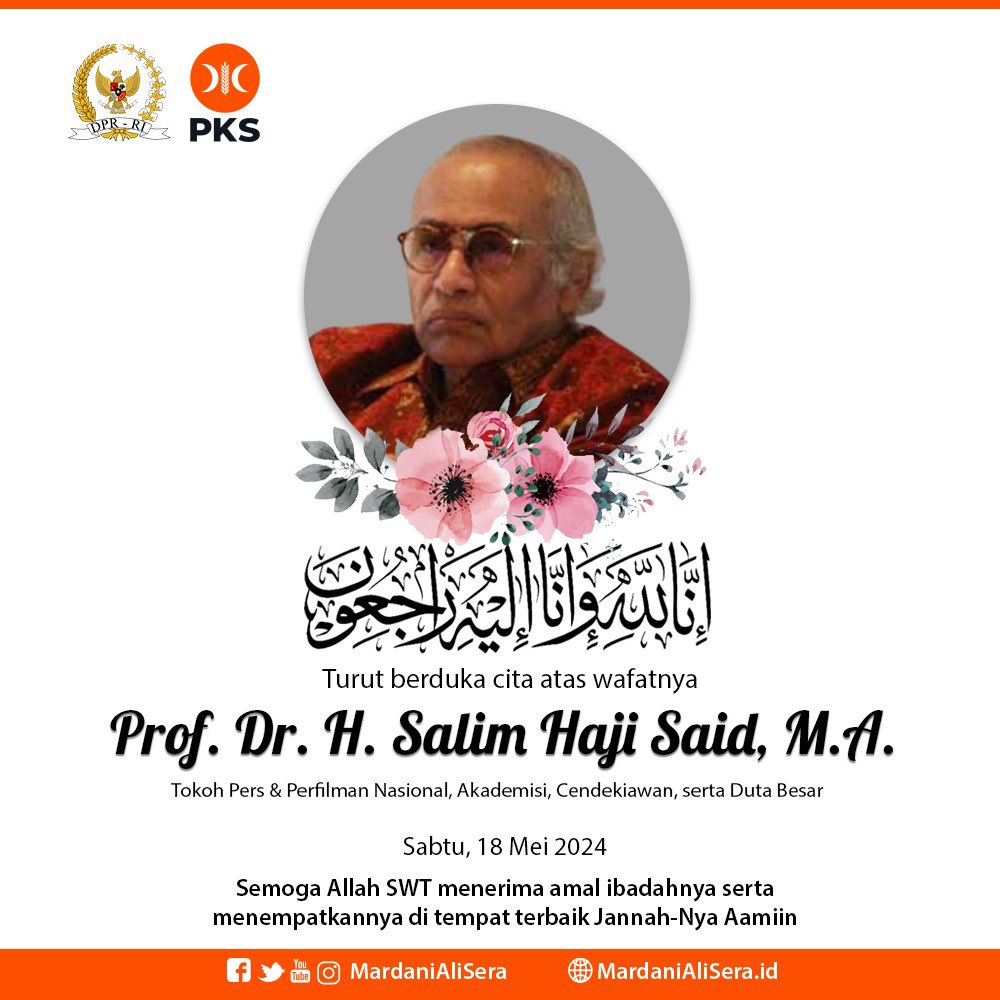 Innalillahi Wainnailaihi Rojiun, Turut berduka cita atas meninggalnya Prof Salim Said. Dulu sering sekali bertemu Prof Salim di @ILCTalkshow. Semoga amal ibadah beliau diterima disisi Nya dan diampuni segala dosanya. Amiin, Al-Fatihah 🤲🏼