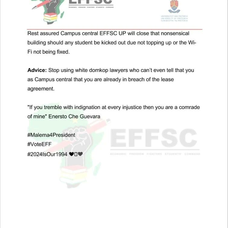 ♦️IN PICTURES ♦️

Mlungisi Madonsela Battalions of EFFSC UP statement on the arrogance of Campus Central. 

#VoteEFF