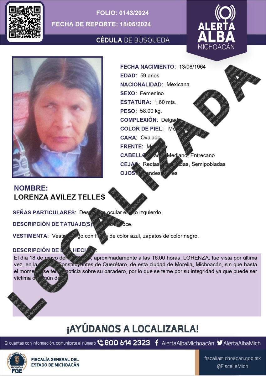 🟣📢 Informamos que LORENZA AVILEZ TELLES sido localizada. Gracias por tu apoyo. #AlertaAlba #AlertaAlbaMichoacán #FGEMich @botDesaparecidx