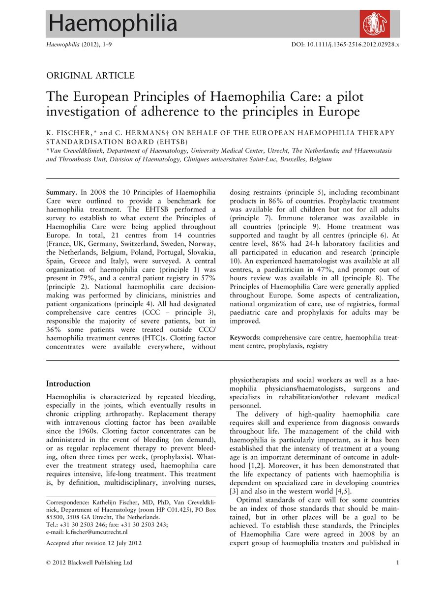 The European Principles of Haemophilia Care: a pilot investigation of adherence to the principles in Europe eurekamag.com/research/036/5…