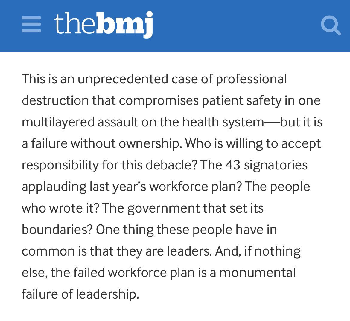 A scorching article from @bmj_latest editor @KamranAbbasi “Who is accountable for the medical unemployment crisis?” Accountability @NHSE_WTE - the leadership has failed everyone - including PAs. It’s being called out now loud & clear. bmj.com/content/385/bm…