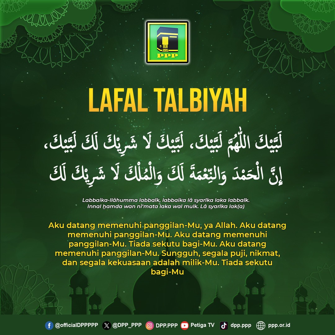 Melafalkan talbiah dengan hati yang khusyuk, merentangkan rasa tawadhu dan kesucian jiwa. Berikut lafal Talbiyahnya.