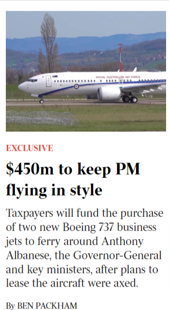 You wouldn't believe this. Albanese has ordered himself a new jet officially named TOTO ONE. I am serious. Not just a normal jet , it's a plush private businesses jet with a bed and all. And he's gone and ordered Bowen and Chalmers a new jet. I kid you not.