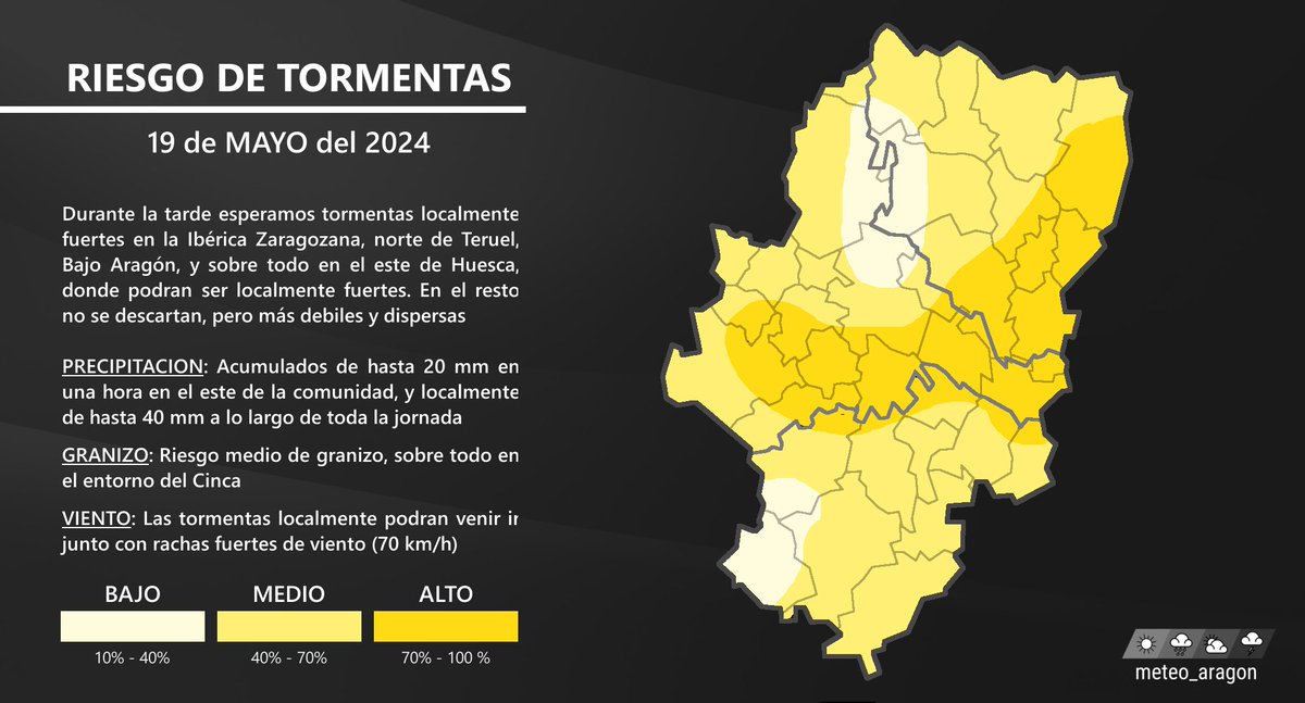 Esta tarde esperamos tormentas en amplias zonas de Aragón, sobre todo en la mitad oriental, donde podrán ser fuertes y venir acompañadas localmente de granizo. Esta es la probabilidad de tormentas prevista para esta tarde: