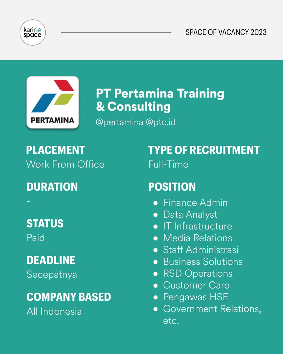 Lowongan di PT Pertamina Training & Consulting!

Daftarnya bisa langsung ke recruitment.pertamina-ptc.com/guest/joblist

Good luck
