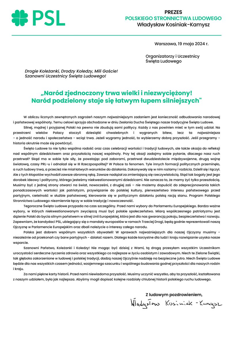 KosiniakKamysz's tweet photo. Dzisiaj obchodzimy uroczystość Zesłania Ducha Świętego, która dla ludowców jest świętem wyjątkowym. W całej Polsce odbywają się Święta Ludowe, które są wyrazem naszej tradycji oraz budują wspólnotę narodową. Niech to Święto będzie dla nas czasem jedności i wzajemnego szacunku 🍀🇵🇱