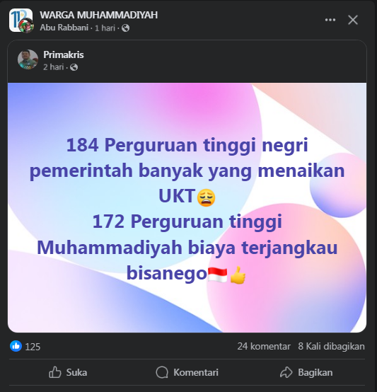 Ramai UKT Naik, Alhamdulillah Muhammadiyah 'Aisyiyah dengan 172 Perguruan Tinggi dari Jawa - Papua fokus mencerdaskan kehidupan bangsa. Bahkan di UM Maumere, kampus membolehkan mahasiswanya bayar dengan hasil buimi. Seperti Pisang, cengkeh dan lain sebagainya. Mencerahkan ☀️