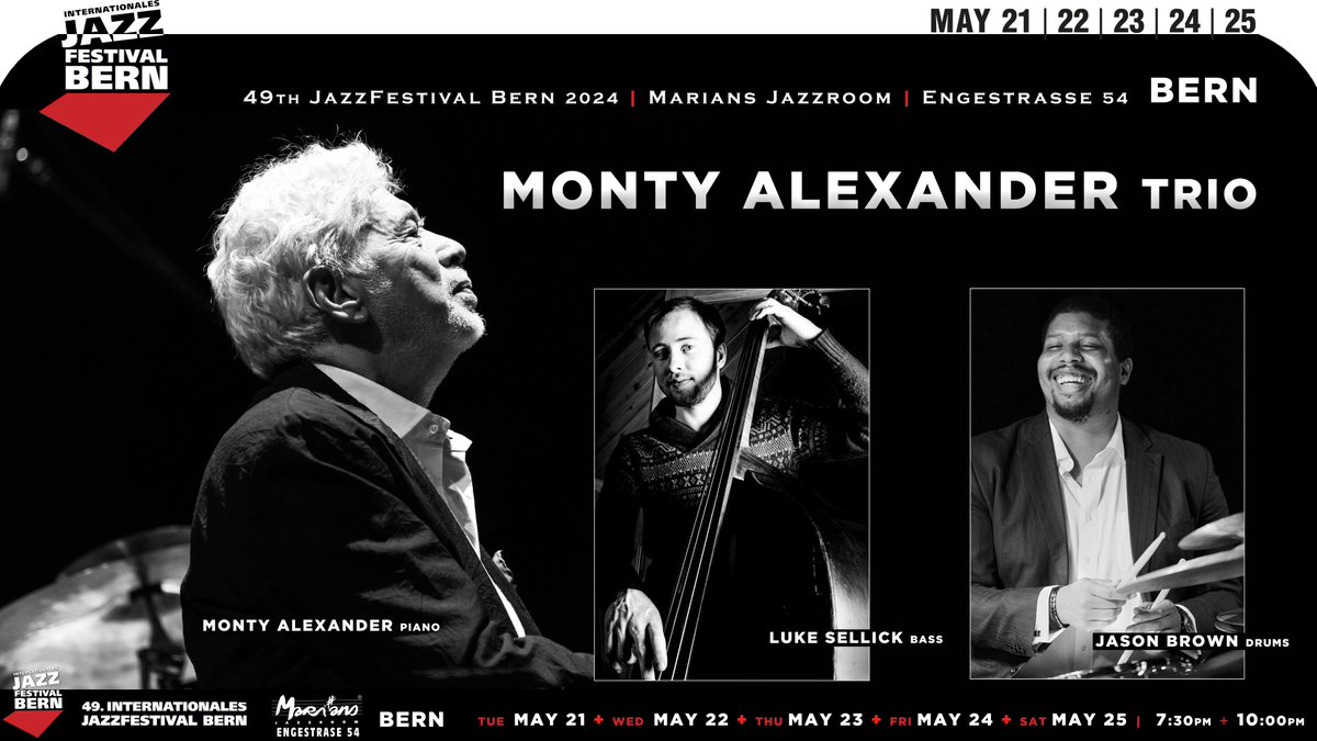 →@JazzfestivalBE #Bern 49th Jazz Festival Bern 2024 [closing concerts] MONTY ALEXANDER TRIO →youtube.com/watch?v=_QPh_a… #MontyAlexander p #LukeSellick bs #JasonBrown dr * @MariansJazzroom May21+22+23+24+25 [7:30pm+10:00pm] ➣starticket.ch/en/tickets/mon… 📞+41 31 309 61 11