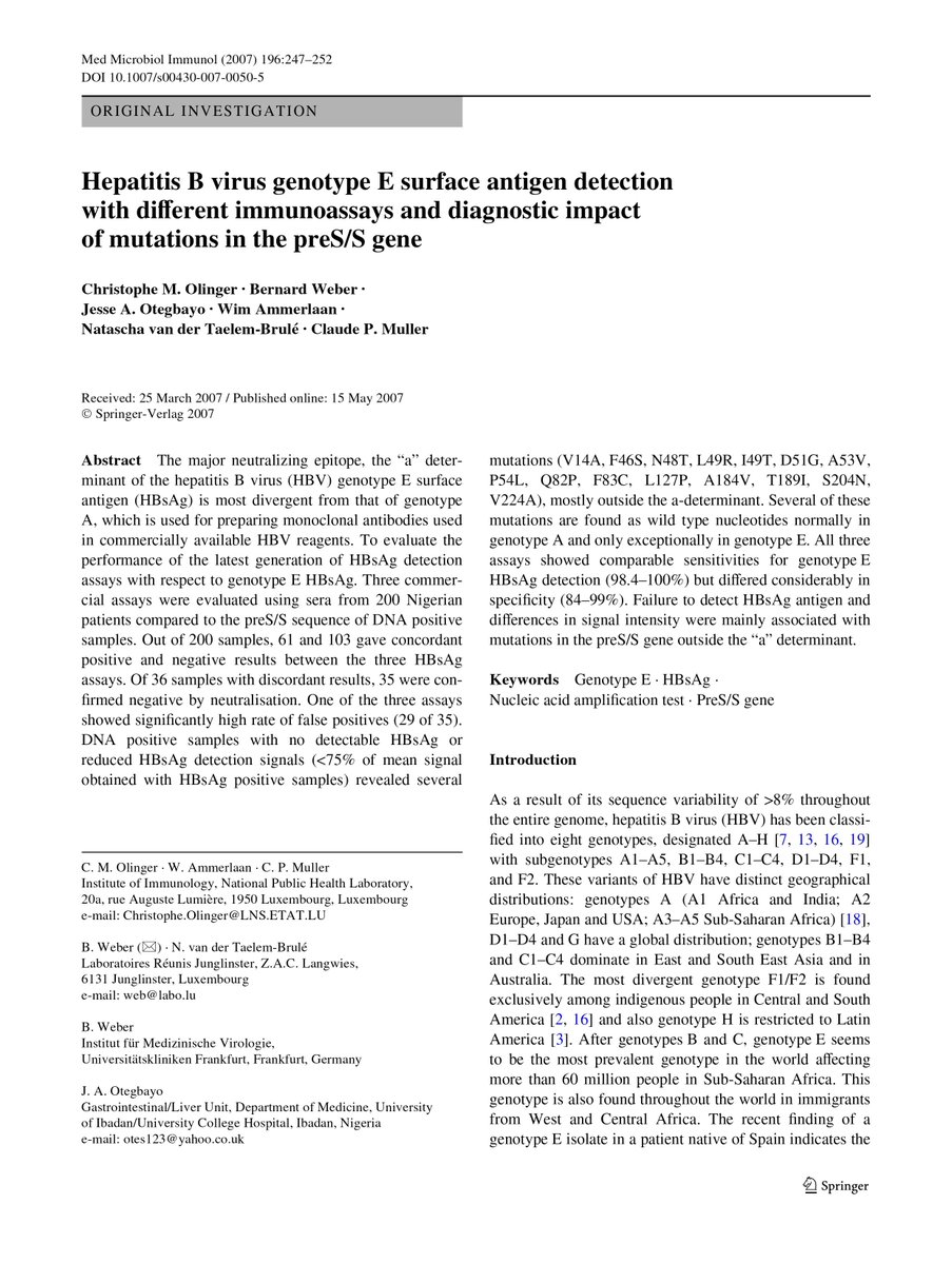 Hepatitis B virus genotype e surface antigen detection with different immunoassays and diagnostic impact of mutations in the preS/S gene eurekamag.com/research/016/0…