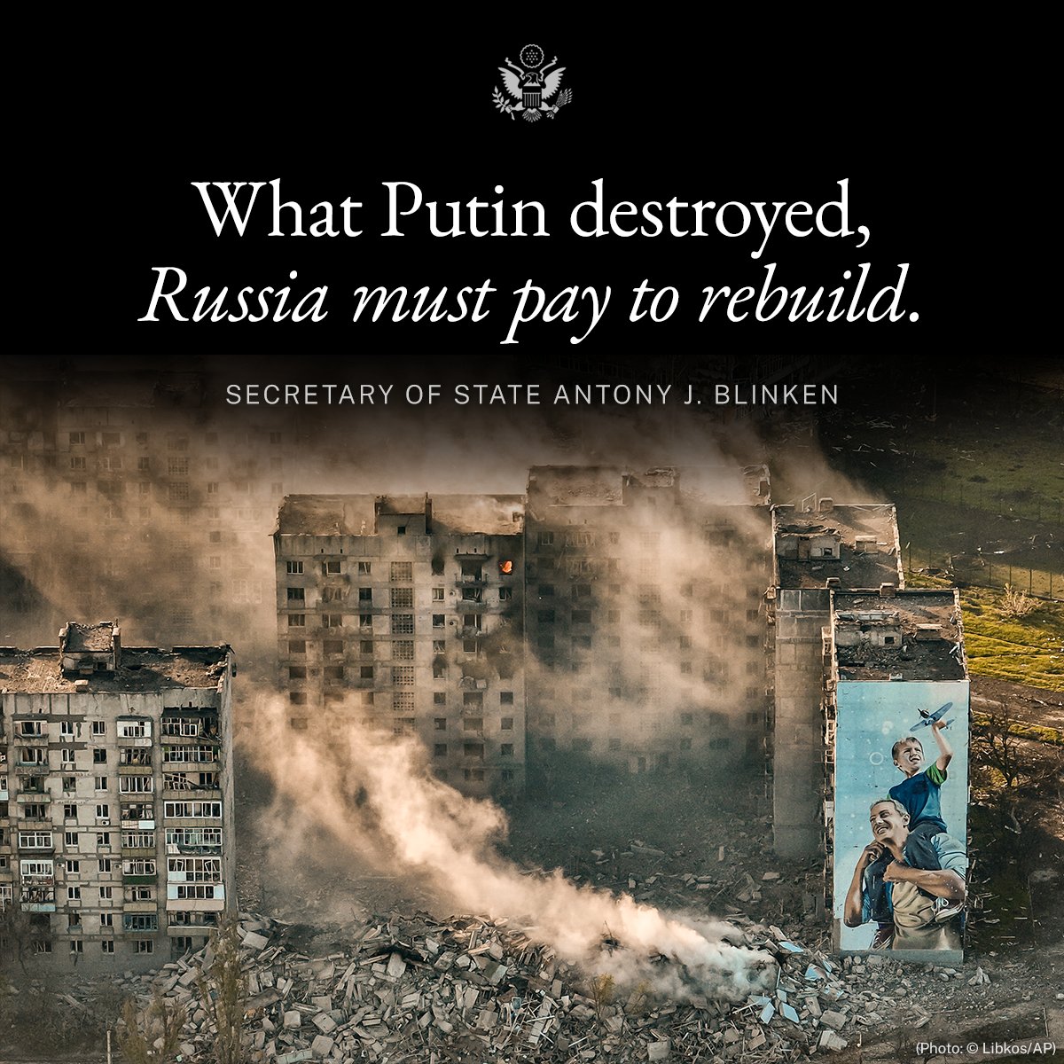 Congress has given us the power to seize Russian assets in the U.S., and we intend to use it. We are working with @G7 partners to see that Russia’s immobilized sovereign assets are used to remedy the damage Putin continues to cause in Ukraine. - @SecBlinken