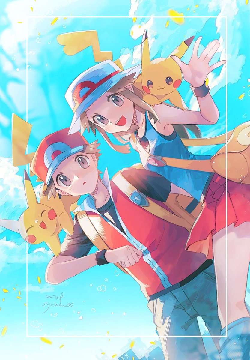 leaf (pokemon) ,pikachu ,red (pokemon) 1girl long hair smile open mouth short hair shirt skirt  illustration images