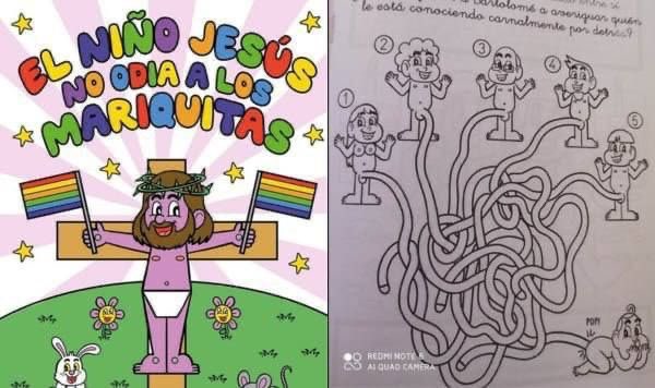 En Espagne, un magazine de jeux pour enfants montre Jesus sur la croix avec des drapeaux LGBT, et un jeu « très amusant » dans lequel il faut retrouver quel pénis est en train d’enculer le Petit garçon en bas de l’image. Les satanistes sont des fils de pute d’autoroute.
