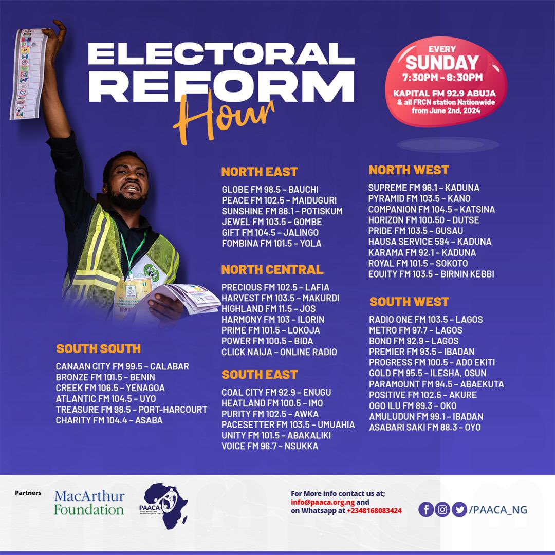 Tune in to kapital  Fm 92.9 and all FRCN stations every Sunday from June 2nd, 7:30pm to 8:30pm and listen to your favorite radio program #ElectoralReformHour 

Don’t miss it . 

#Changeourelections #electoralreform
#radioprogram #elections