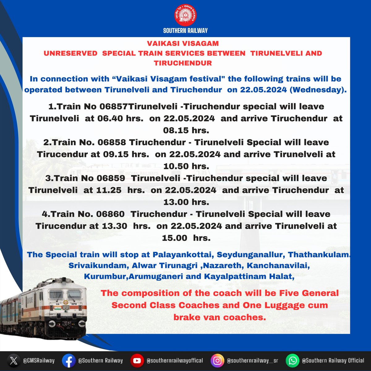 VIKASI VISAGAM UNRESERVED  SPECIAL TRAIN SERVICES BETWEEN TIRUNELVELI AND TIRUCHENDUR

Passengers, Kindly take note and plan your trip accordingly 

#SouthernRailway #Train #railwayupdates