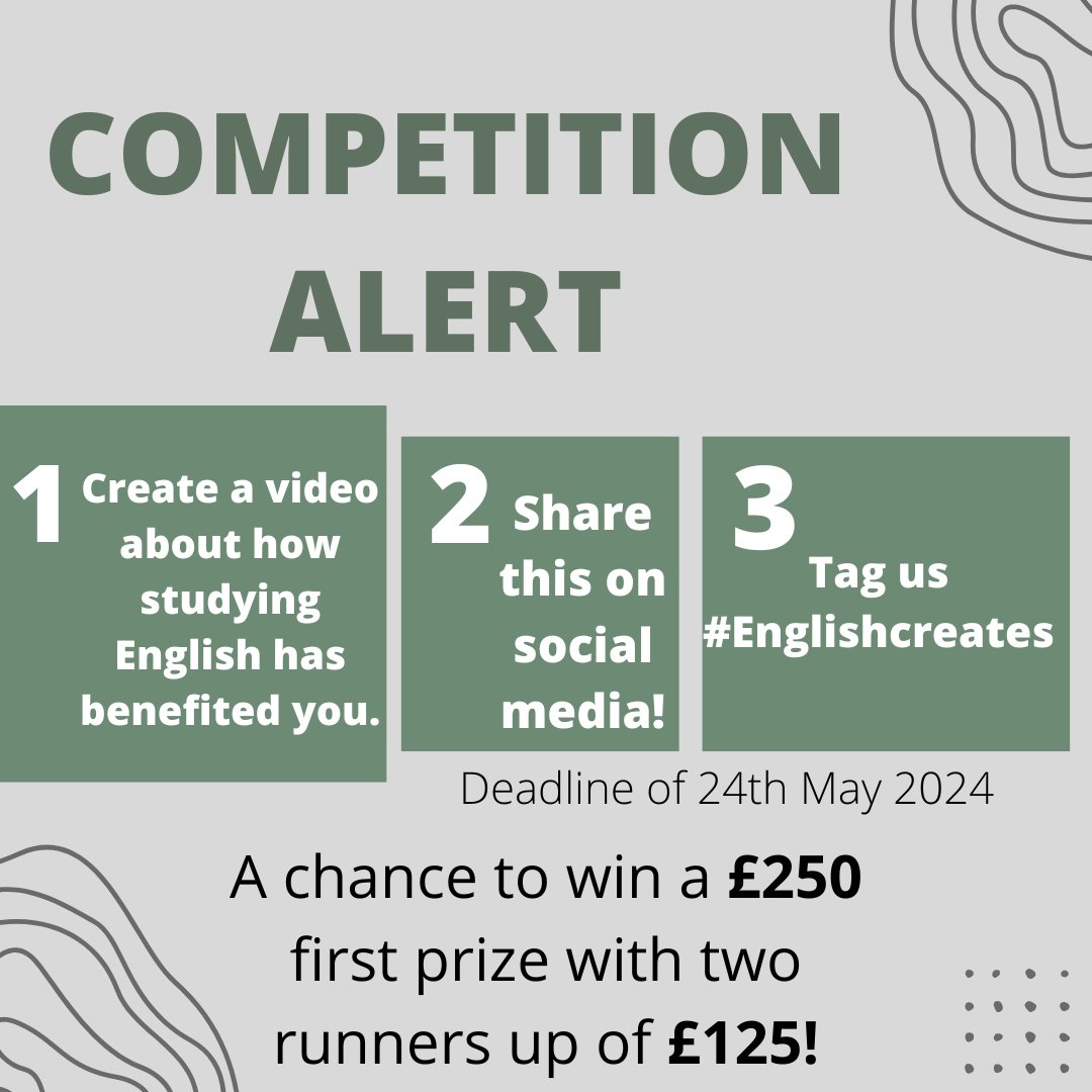 Don't forget to submit your video about your positive experience of studying English! You could potentially win £250 for first place :) #englishcreates #englishdegree #englishgraduate @EnglishAssoc @Team_English1
