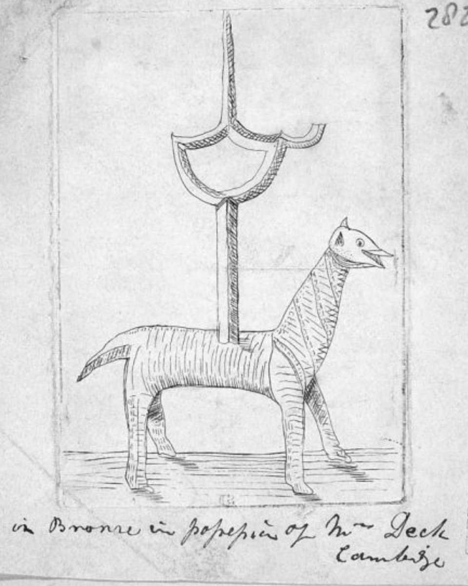 Can you work out what the strange item in this drawing is? It's a pricket candle stick mounted on the back of a quadruped animal, perhaps a deer! The drawing comes from the volume Primeval Antiquities and the inscription reads 'in Bronze in possession of Mr Deck, Cambridge'.