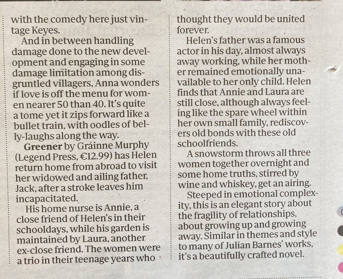 ‘Steeped in emotional complexity, this is an elegant story about the fragility of relationships, about growing up and growing away.’ 
Delighted with this gorgeous review of #Greener from @annecrecipes in today’s #SundayIndependent 🩶🌱
#IrishFiction #IBOTM #IndieBookOfTheMonth