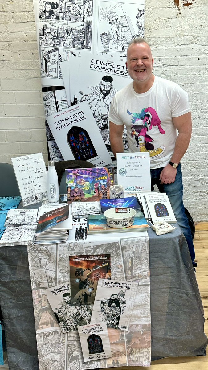 Back at @hertsbookfest today in #Ware!? Representing the mighty @clarkbintart in one of his kick ass t shirts… If you’re not in the area but want some complete darkness - the latest kickstarter has a day or two left: kickstarter.com/projects/cleri…