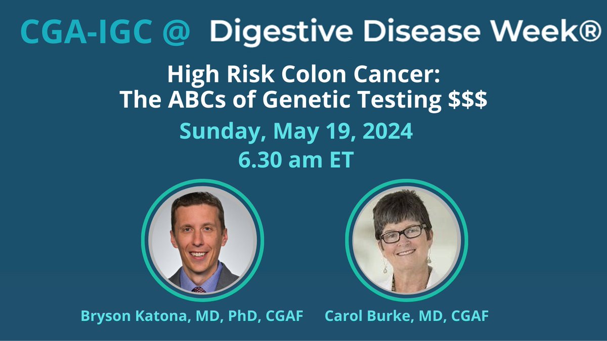 📢Another day to learn something new at #DDW2024! ➡️How about the integration of #genetictesting in the evaluation & management of high-risk #coloncancer cases? 🚨Featuring our president #BrysonKatona & past president @burkegastrodoc 🗓️May 19⌚️6.30am ET📍Room 102AB #GITwitter