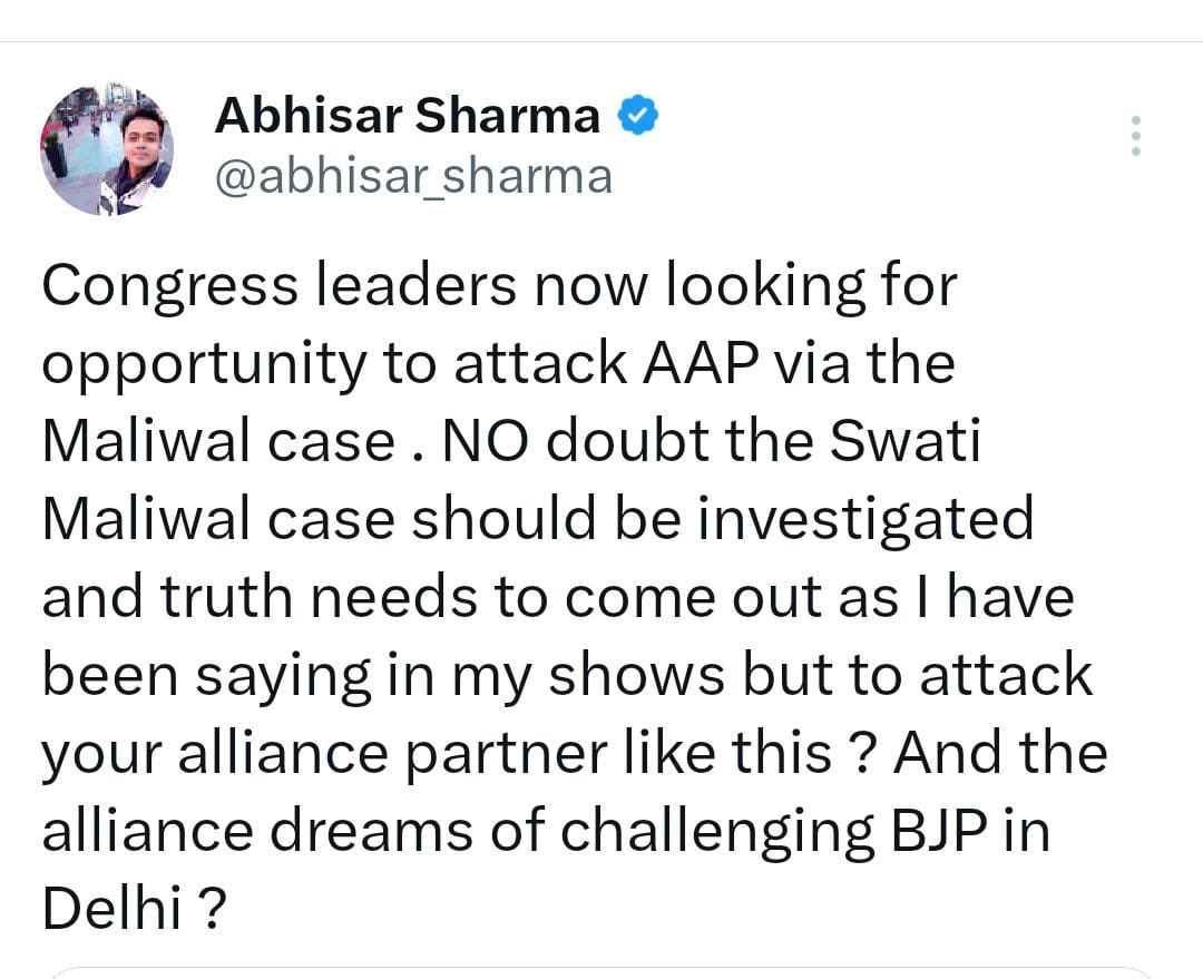 Abhisar Dalla for you!!

Congress leaders should not attack AAP on Swati Maliwal issue before investigation is over as it can harm INDI alliance during election but please attack BJP on Brijbhushan as much as you can before investigation.
