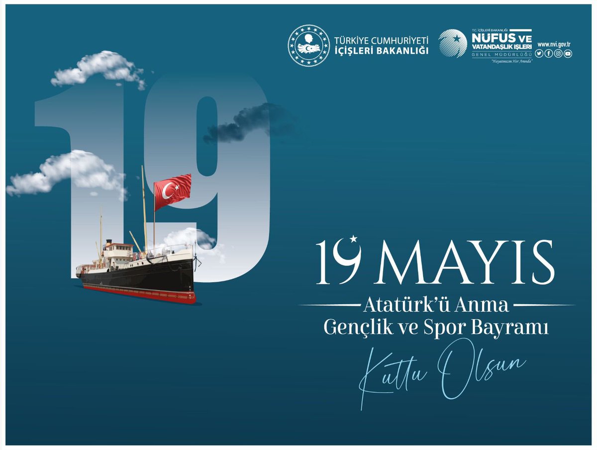 Ulusal egemenliğin başlangıcı olan, Ulu Önder Mustafa Kemal ATATÜRK’ün gençlerimize armağan ettiği 19 Mayıs Atatürk’ü Anma Gençlik ve Spor Bayramı kutlu olsun 🇹🇷

 #19MAYIS1919 
#HayatınızınHerAnında