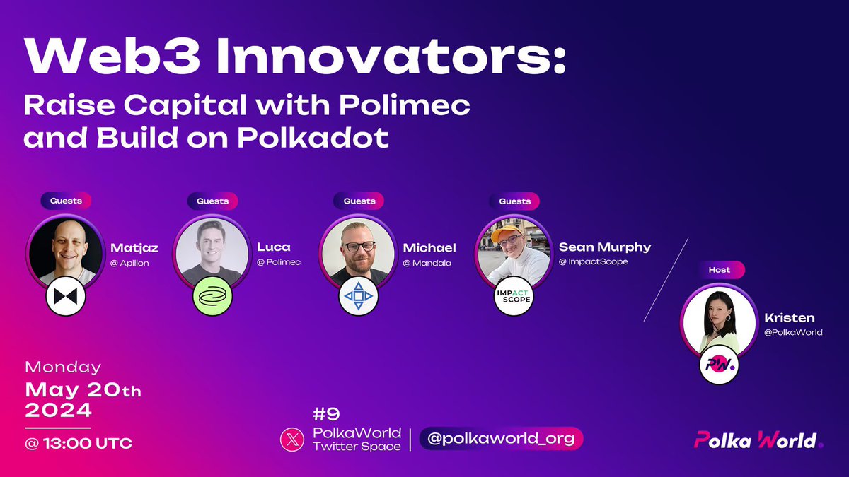 Polkadot's decentralized financing platform #Polimec is launching, and the first batch of projects, including  #Apillon, #Mandala, and #ImpactScope, is worth watching!

🚀 Join us for our next #PolkaWorld Twitter Space! 

🗓️ Monday, May 20th, 2024
🕐 13:00 UTC

Learn how to raise