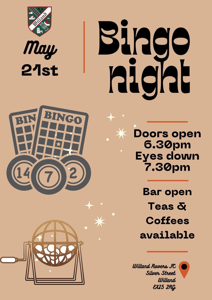 Bingo This Tuesday 📆 21st May 🚪 Doors open 6.30pm 👀 Eyes down 7.30pm Everyone welcome