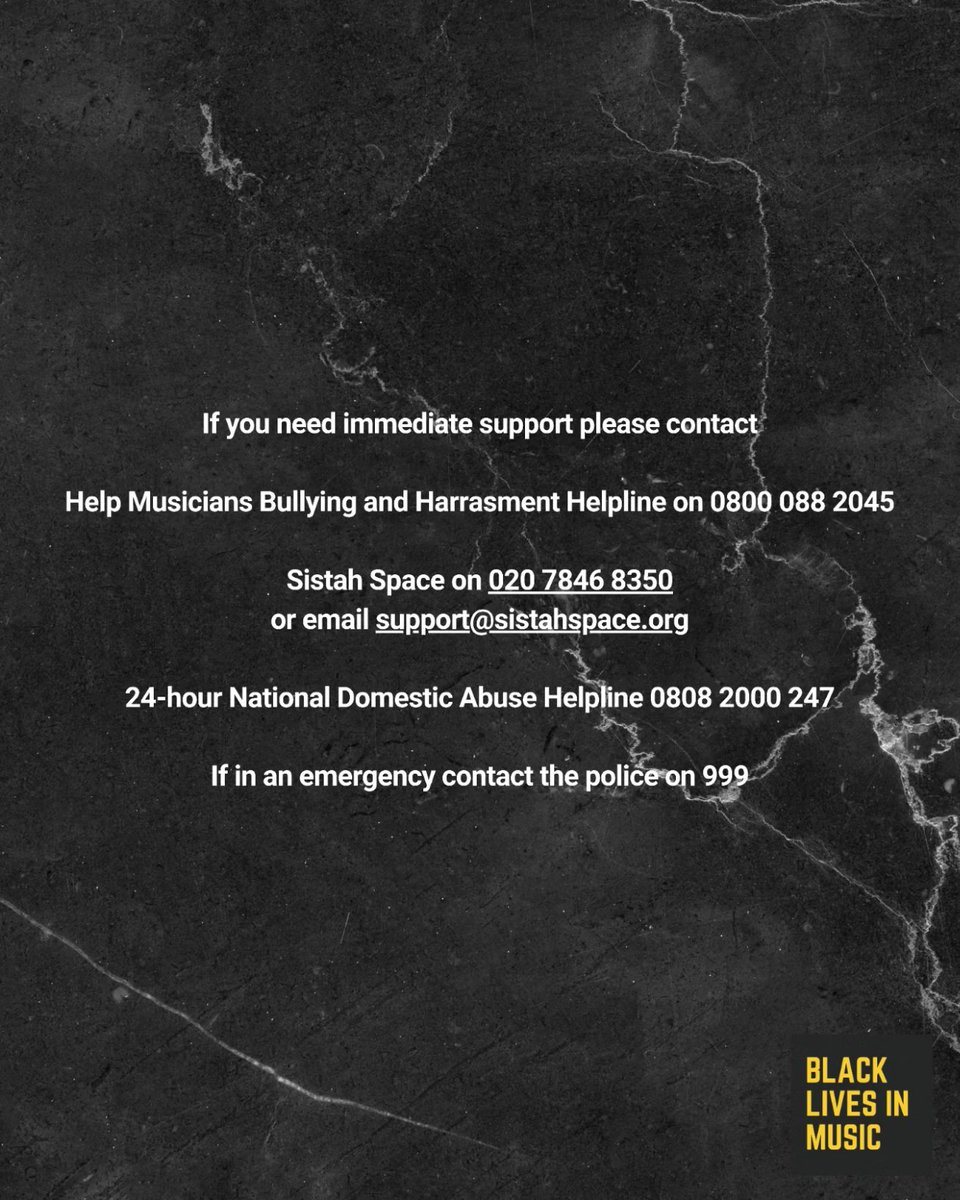 If you need immediate support please contact the following organisations @Sistah_Space @RefugeCharity @HelpMusicians and if you are in immediate danger contact the police on 999. We are here to help you.