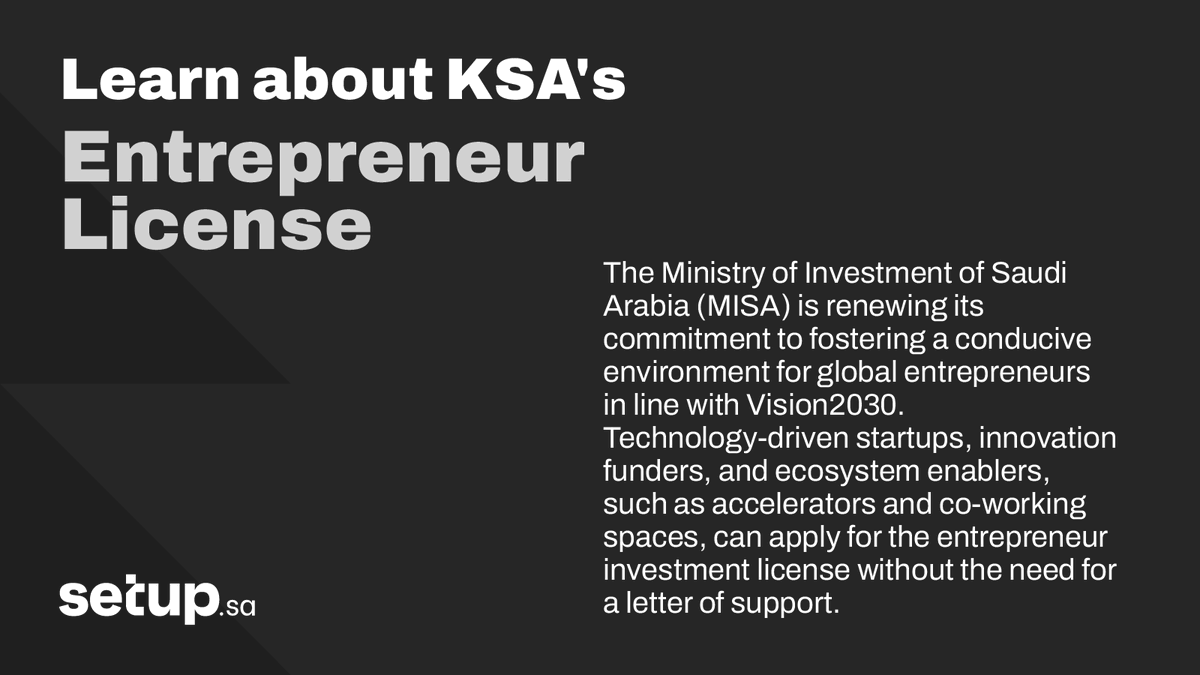 setupsa_sa's tweet photo. Launch your startup in Saudi Arabia! 🌐
MISA’s Entrepreneur License offers 100% foreign ownership and a low $550 annual fee (for the first 3 years). No minimum capital required.

Get expert help from https://t.co/0nxgo3GUzS and for more information. visit https://t.co/5UVEv16Qjt https://t.co/XBGy5fmlgF