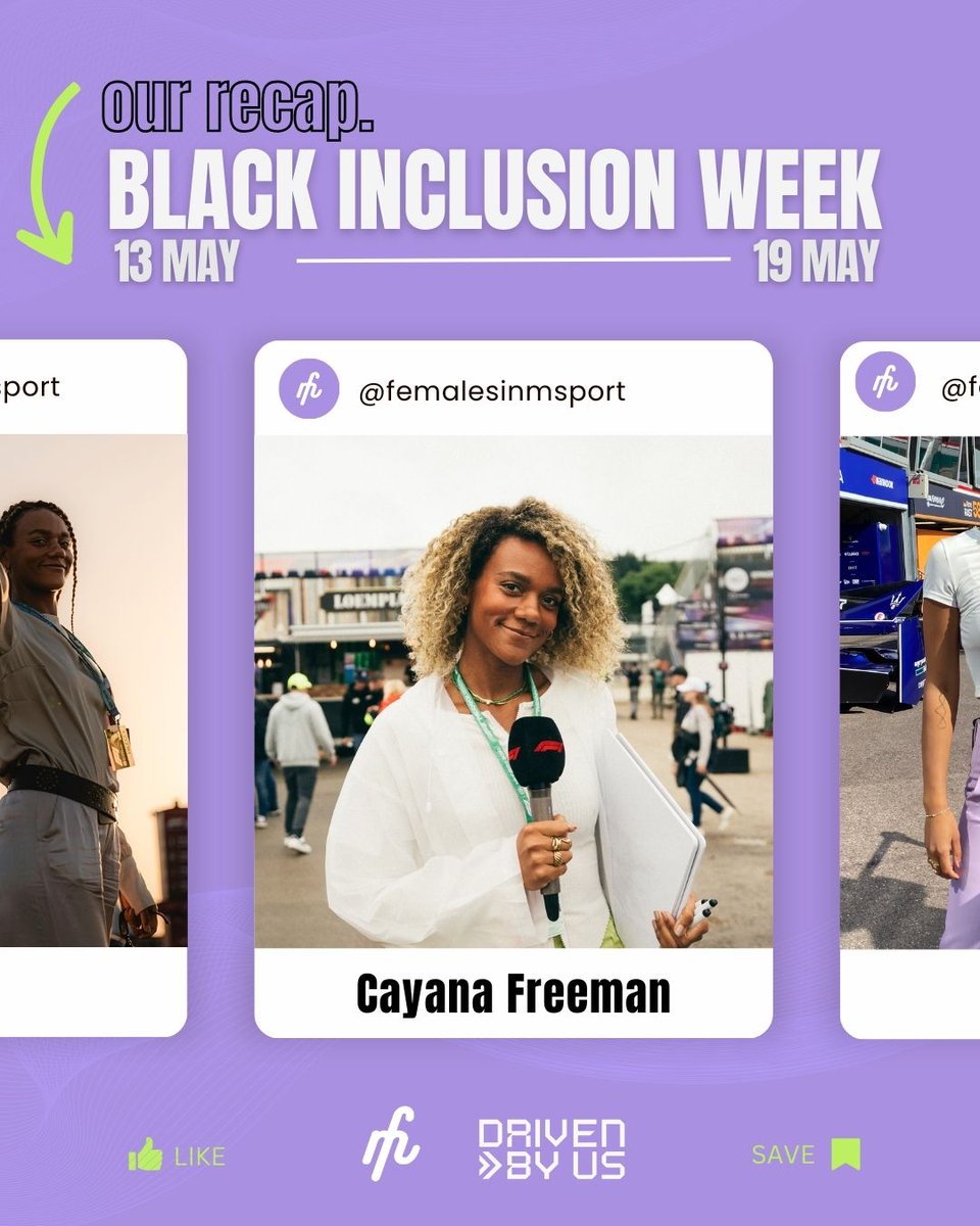 As we come to the end of Females in Motorsport and @DrivenByUs’ #BlackInclusionWeek, let’s look back at the talented and inspiring Black women in motorsport and Driven By Us members that we featured 💜⬇️ 🎤 @CayanaFreeman - Multilingual Presenter #WomenInMotorsport