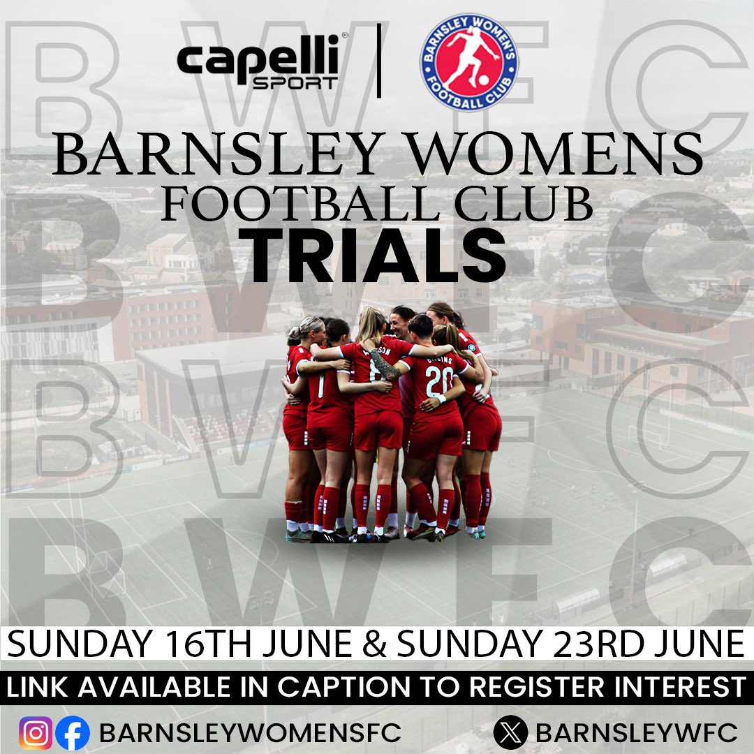 ARE YOU INTERESTED IN JOINING US? 🔴

We are hosting trials on the 16th and 23rd June! 🤩 

Check out our player package in the pinned tweet on our profile 🙌 

To register use the form link below 👇 
forms.gle/rGyEidDMdYpkoE…

@WoSoRecruitment 

#bwfc #barnsleywomensfc