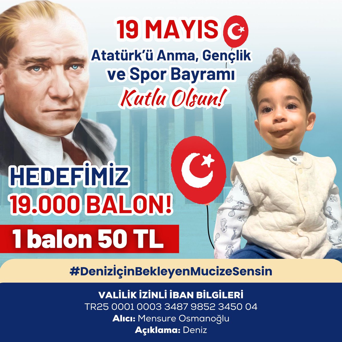 19 Mayıs Atatürk'ü Anma, Gençlik ve Spor Bayramı Kutlu olsun, Bağımsızlığa atılan ilk adım Samsun’dan atıldı 🇹🇷🇹🇷 Bu özel günde deniz'imize bir balon alırmısınız Geleceğimizin evlatlarına sahip çıkalım 🙏 #19mayıs #AtatürküAnma #Atamİzindeyiz #AtatürküAnmaGençlikveSporBayramı