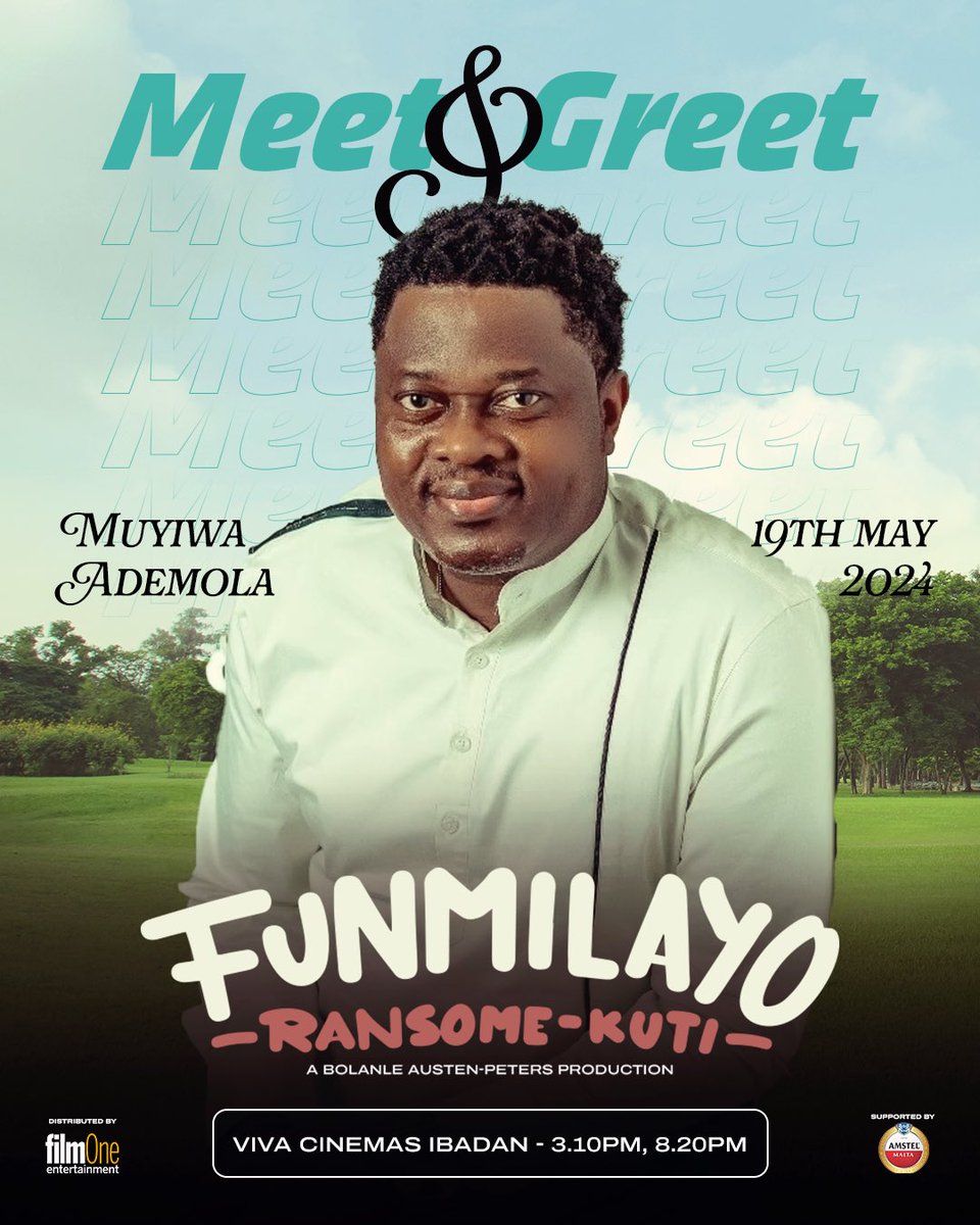 Hello IBADAN People!!!

Looking for the perfect way to spend your Sunday? Come watch #FunmilayoRansomeKuti with your favorite actor Muyiwa Ademola! 

Bring your friends and family for an amazing time. Grab your tickets now before they sell out! 🎟️

#FRKtheMovie #MeetandGreet