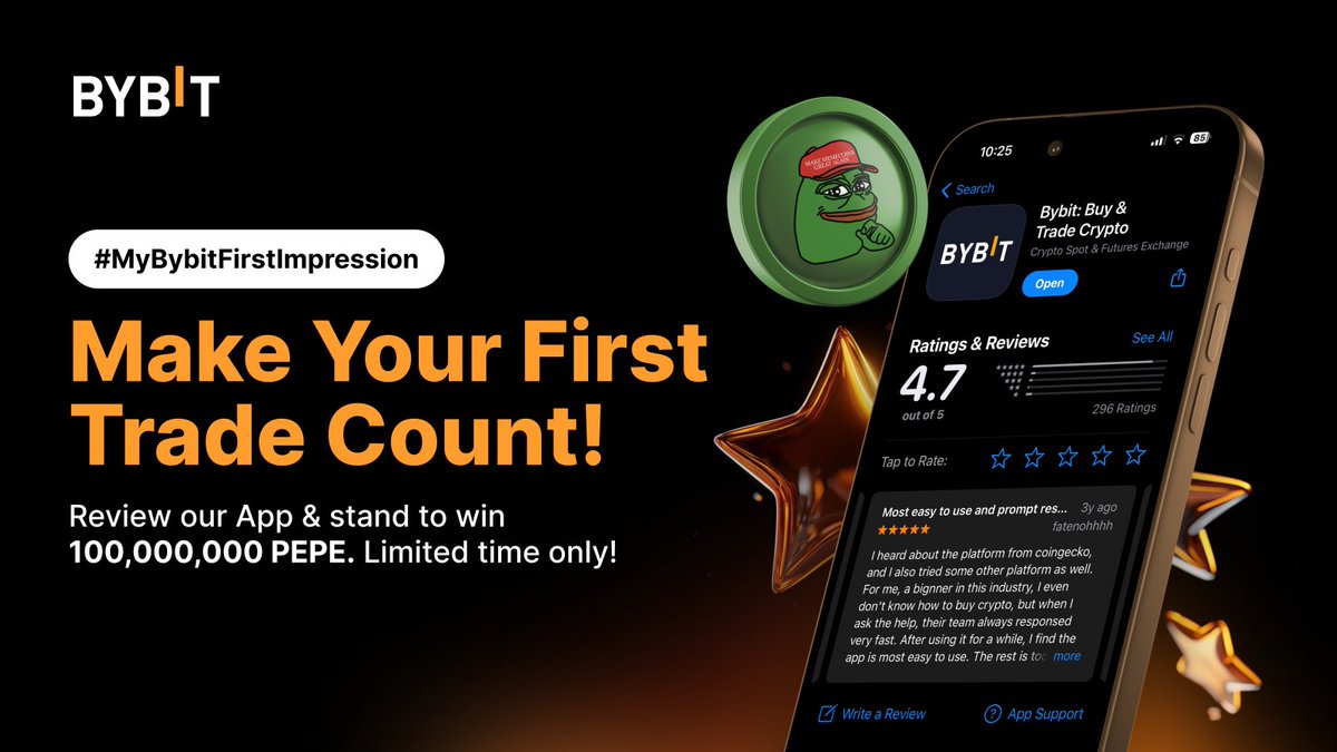 #MyBybitFirstImpression 🔥 Leave a review on our app and win 100,000,000 $PEPE 🐸 📆 From now till Jun 16, 2024, 4PM UTC 🎁 Make your first trade count: i.bybit.com/2Jgtabrp