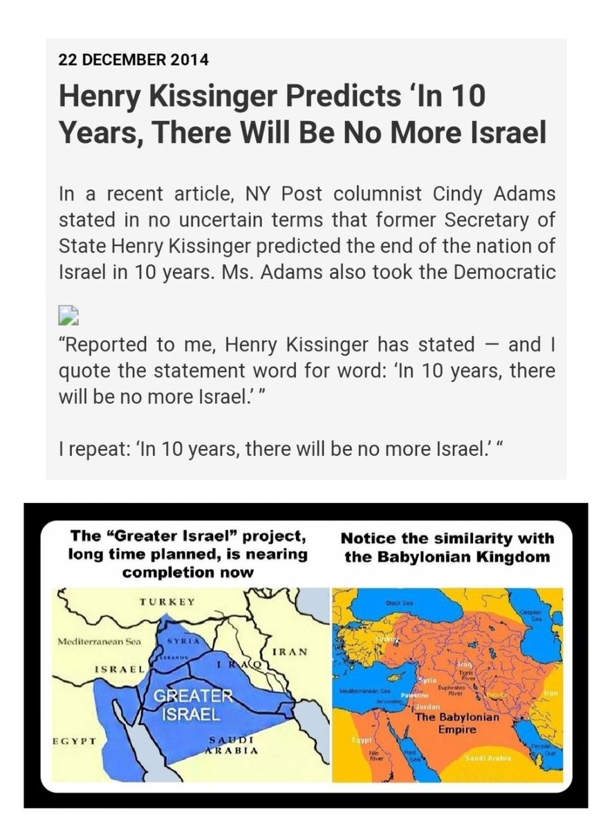 Israel was created to be temporary, it will be destroyed and replaced by Babylon, even Henry Kissinger said in 2014: 'In 10 years, Israel will no longer exist', it's being used as a sacrificial lamb to a much larger Zionist caliphate, these people don't care about Jews or Arabs.