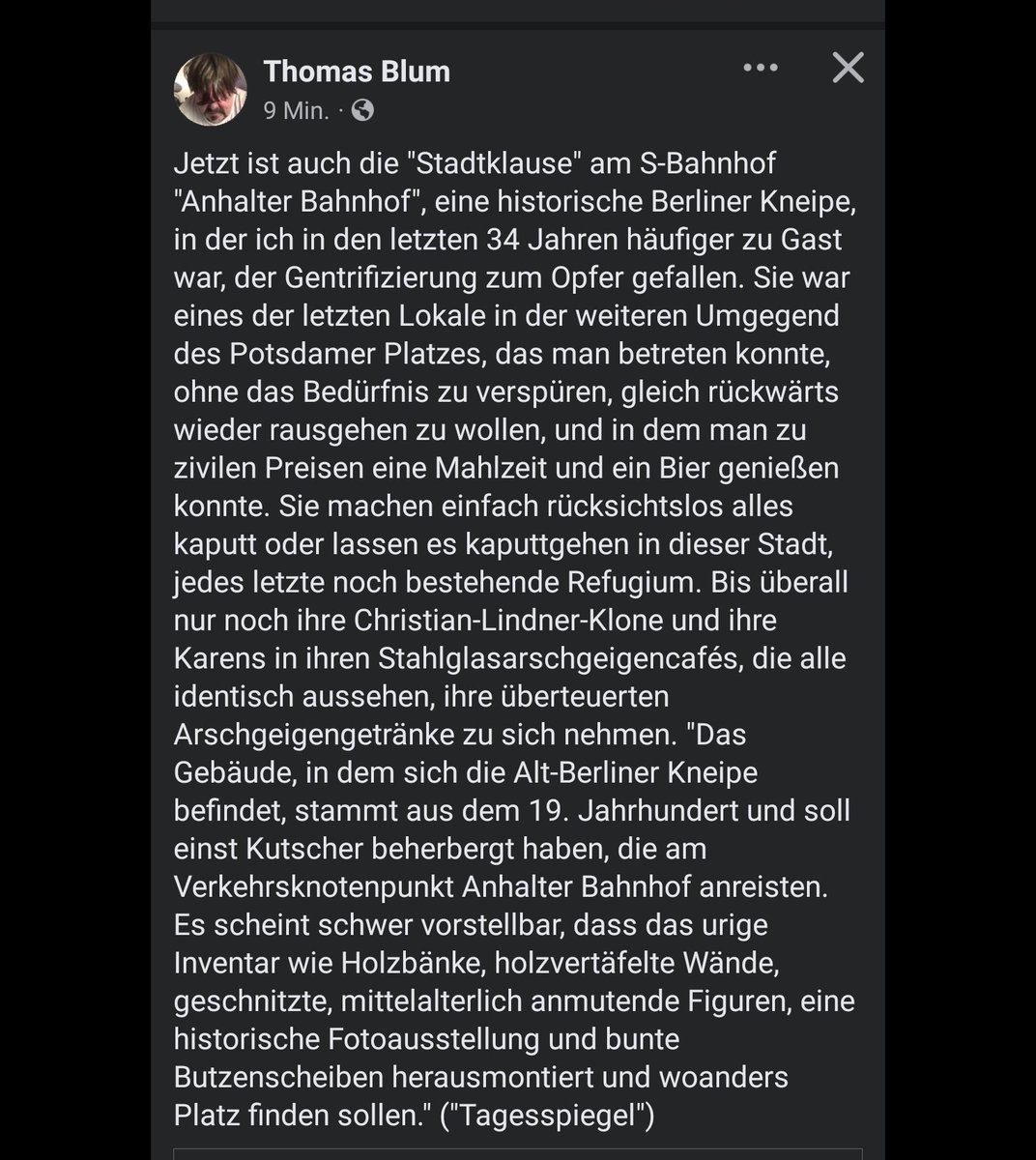 Ja. Alexander Mitscherlich kritisierte einst die 'Unwirtlichkeit unserer Städte', die durch Abrisse historischer Bausubstanz und monotone Neubauviertel entsteht. Heute schreitet diese Unwirtlichkeit durch Gentrifizierung unerbittlich voran. Und niemand, der sie aufhält.