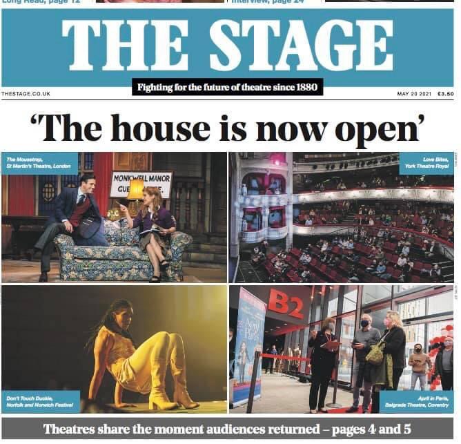 Our front page from three years ago this week when theatres were allowed to reopen with social distancing