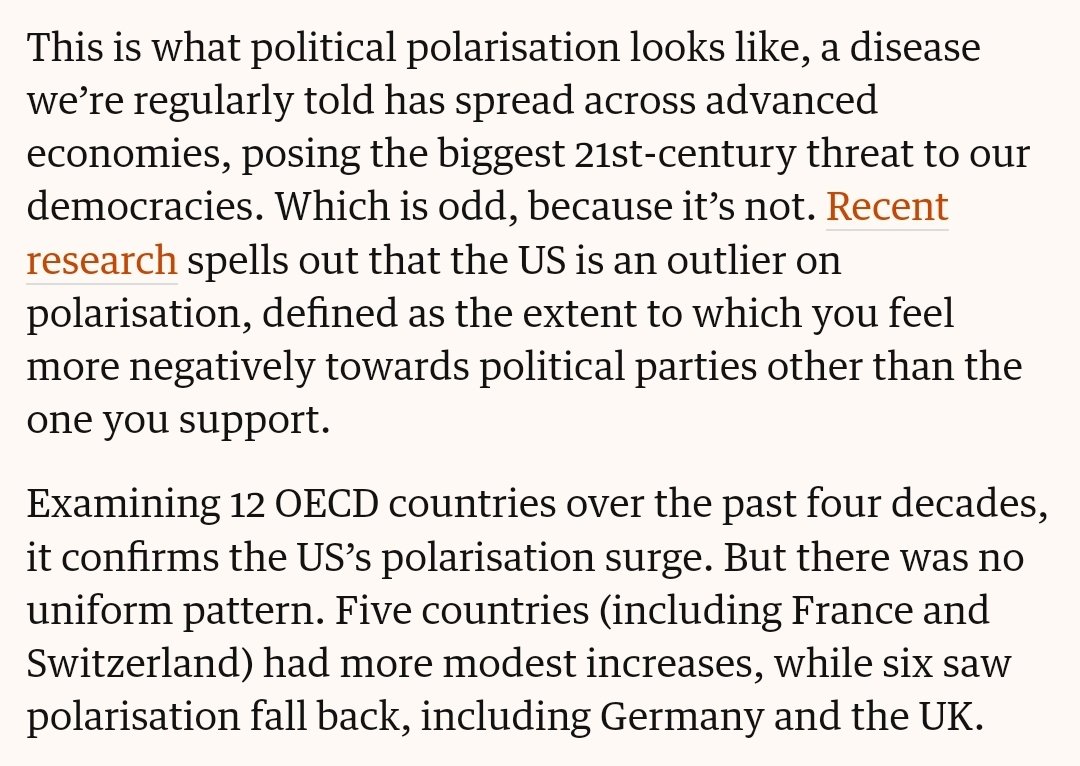 Excellent article from @TorstenBell in the Guardian. You'd be forgiven for thinking otherwise, but political polarisation in the UK is *lower* today than 40 years ago. We are not the US. UK voters are not polarised, just 'pissed off and volatile'. theguardian.com/commentisfree/…